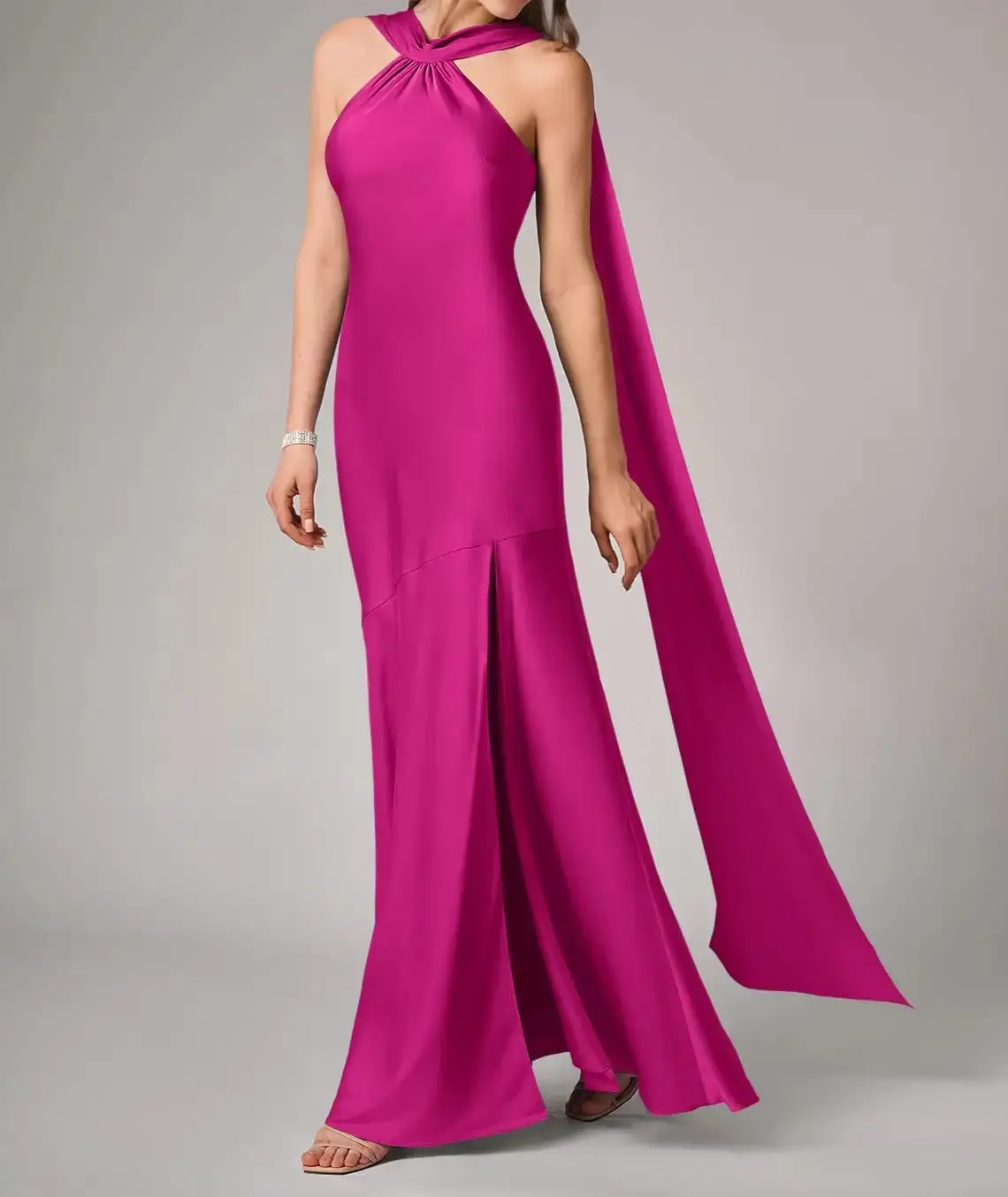 فستان وصيفة العروس مخصص للنساء من الساتان المطاطي لحفلات الزفاف مع شق حورية البحر فساتين حفلات رسمية طويلة مع وشاح