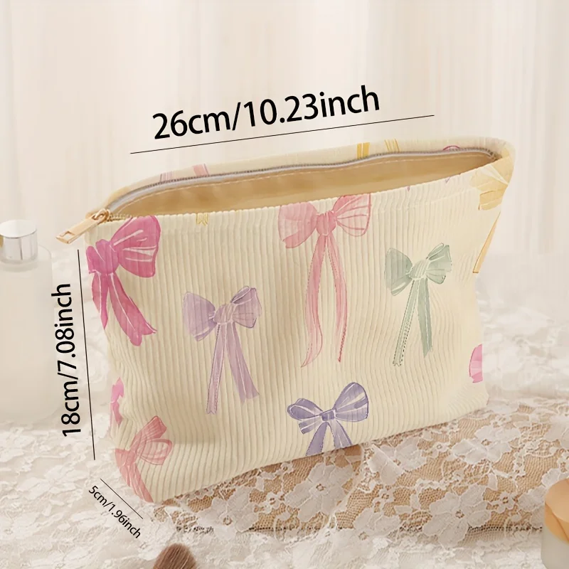 Minimally designed bow pattern printed corduroy zipper makeup bag, lightweight and multifunctional cosmetic storage bag