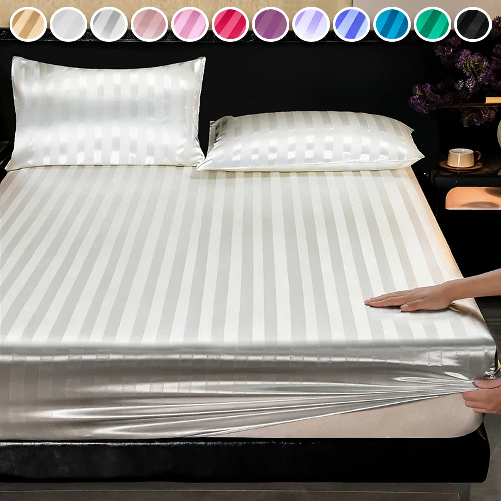 

NEW Striped Bed Sheet, Mattress Encasement Luxury Satin Dustproof Mattress Protector, Full All Around Deep Pocket Mattress Cover