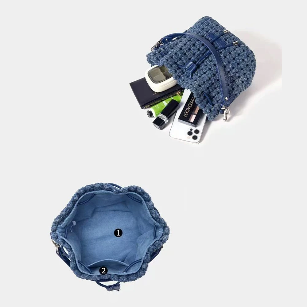 Nowa damska torebka, ekskluzywna, ręcznie tkana torebka typu bucket z czystego denimu, damska uniwersalna torebka do ręki, na ramię, na skos, modna.