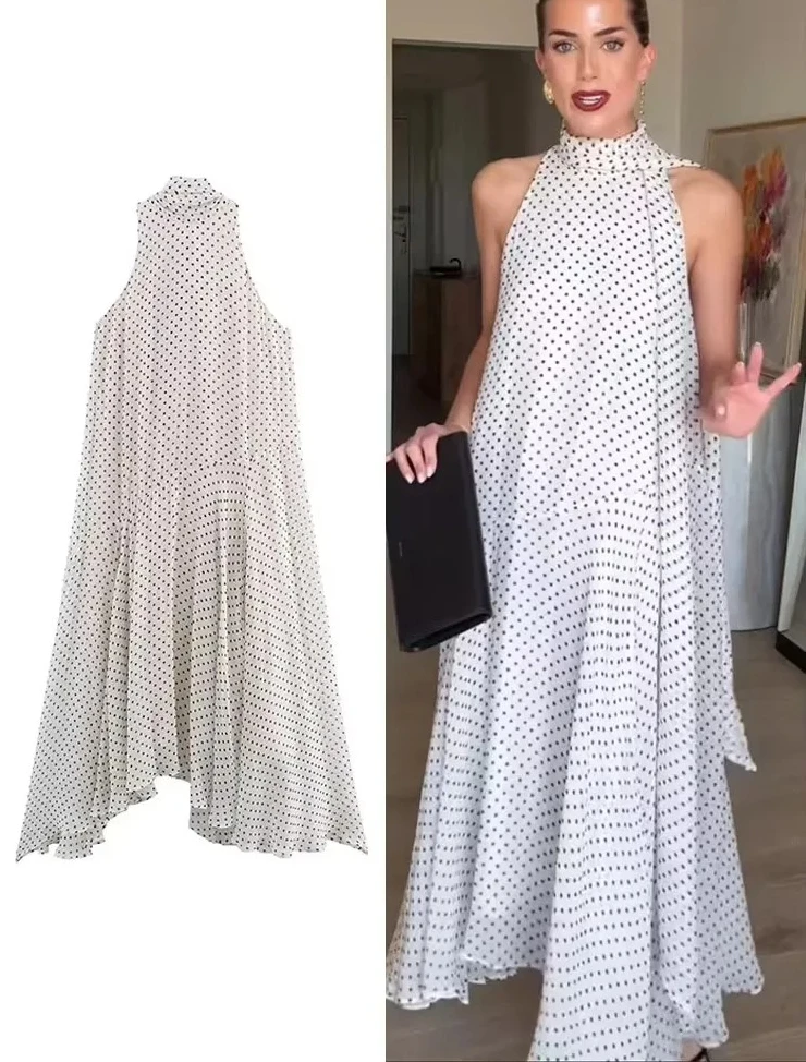 

Платья с принтом в горошек для женщин, новые летние элегантные шикарные длинные платья без рукавов с воротником-стойкой и бантом сзади, платья миди на шнуровке