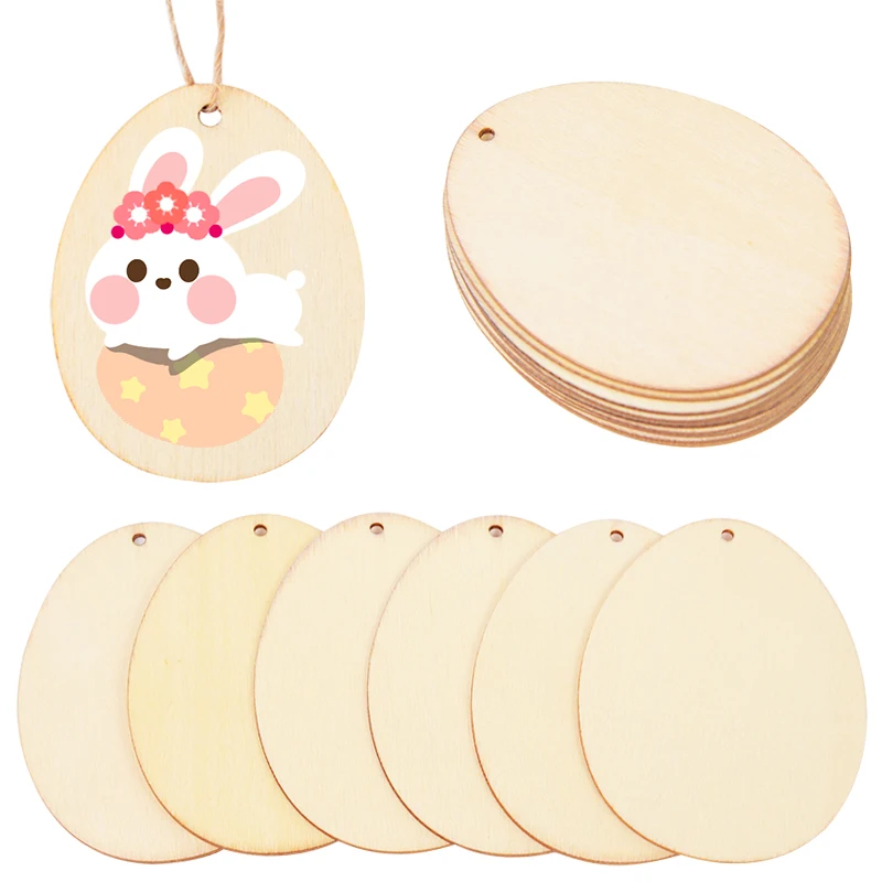 10/25/50pcs Natural Easter Eggs Wood Chips Unfinished Graffiti Drawing Wood DIY Wooden Craft Hanging Ornament Easter Decorations