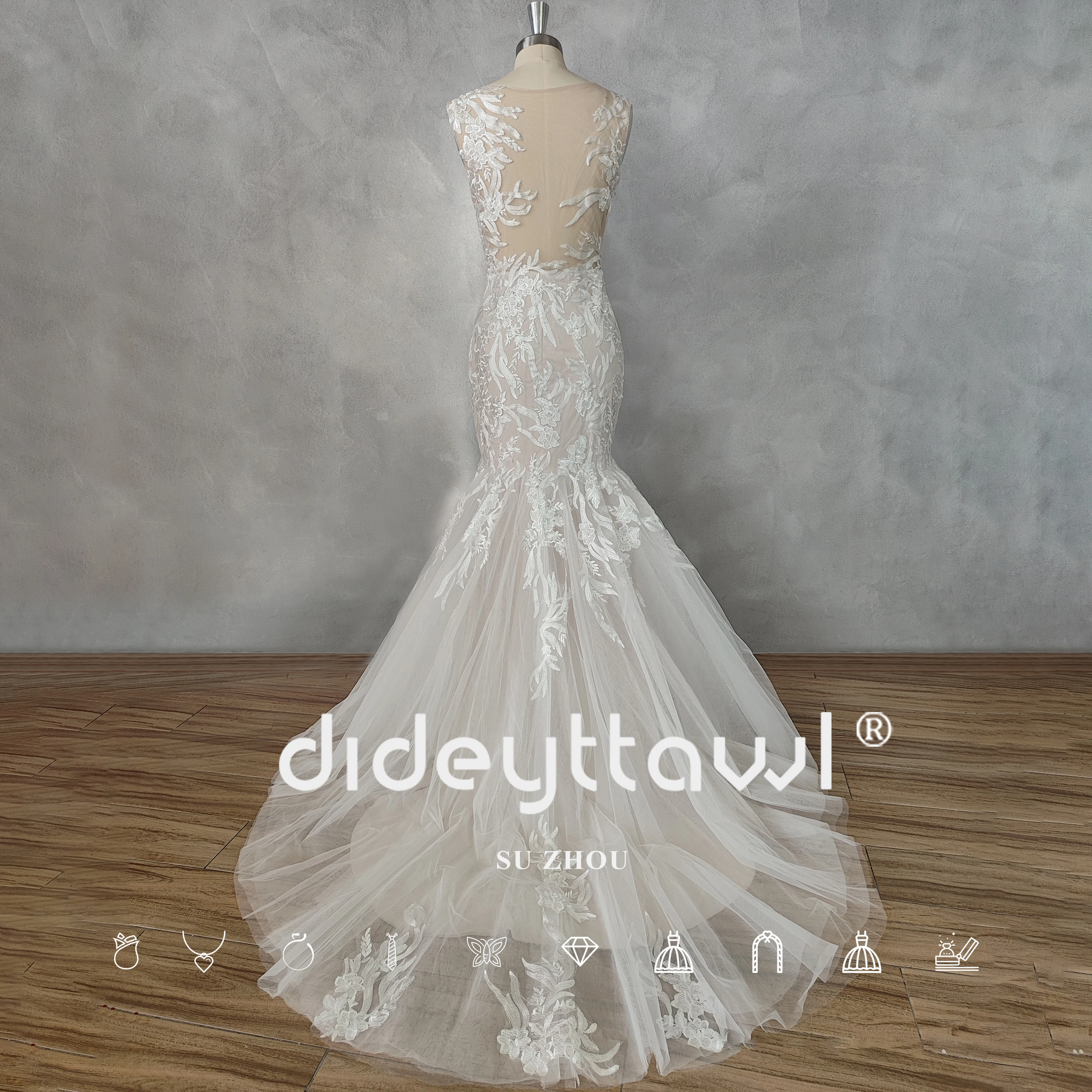 DIDEYTTAWL Real Picture Elegant O-Neck Sleeveless Illusion Mermaid Wedding Dress Appliques Court Train Illusion Back Bridal Gown