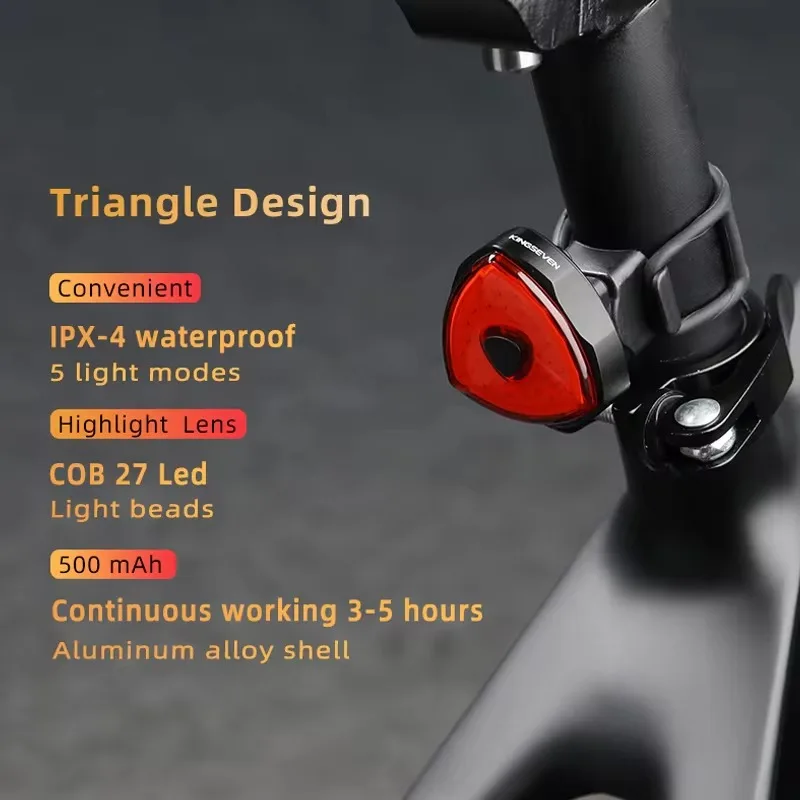 KINGSEVEN Bicycle Rear Lamp LED USB Rechargeable Warning Tail 5 Modes MTB Triangle Light Cycling Flashlight Bike Accessories