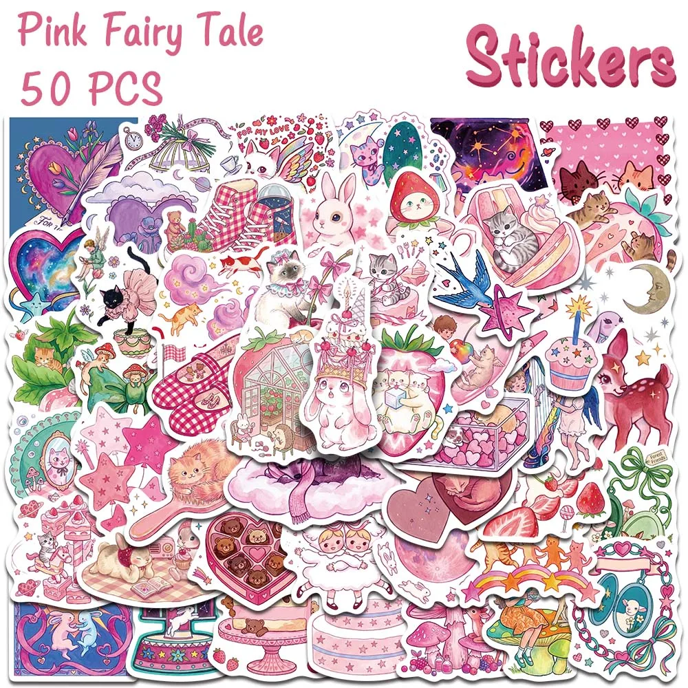 50pcs Pink Cartoon Fairy Tale Stickers Decal For Laptop Journal Scrapbook Cute Kawaii Aesthetic Pastel Stickers School Supplies
