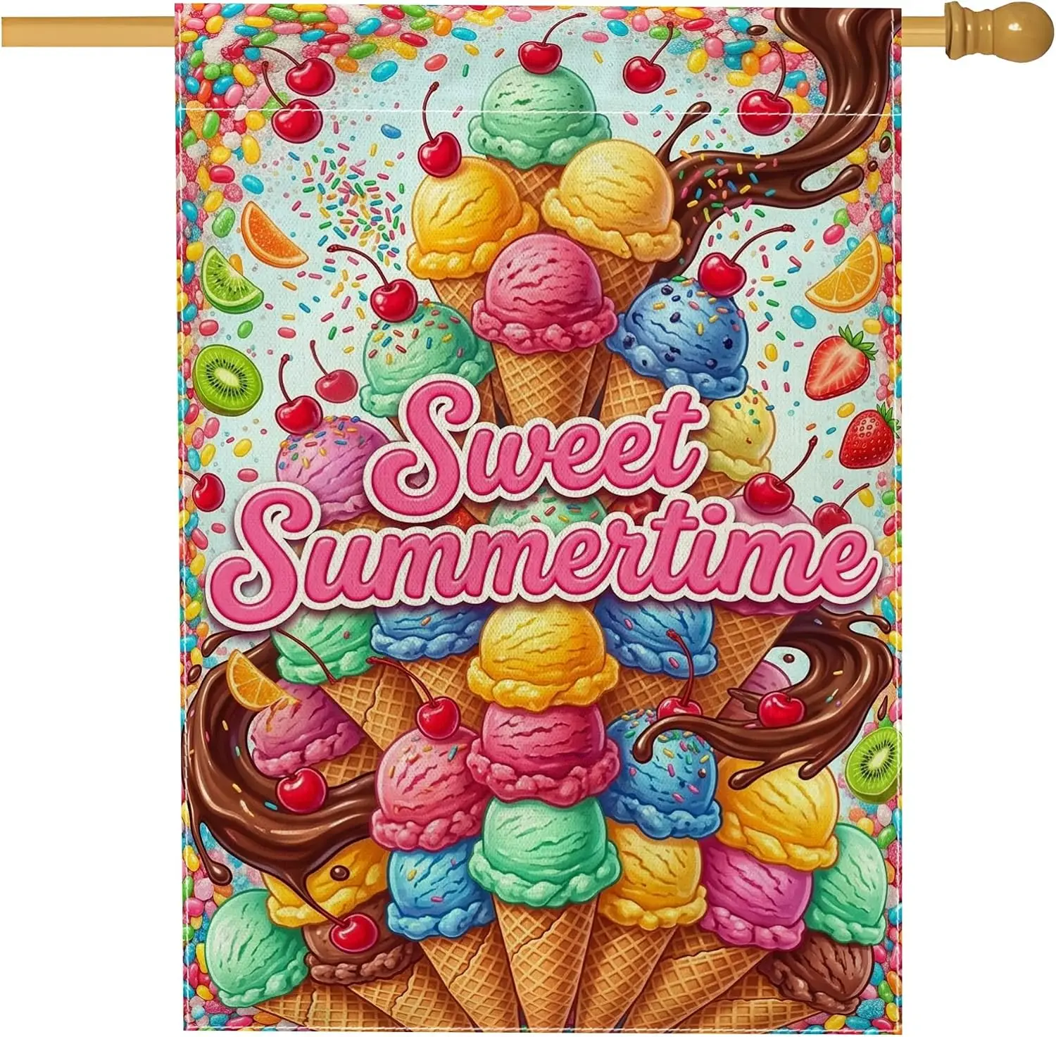 Ice Cream House Flag, Summer Playful Cherries Cone Summer Peach Burlap Double Sided Outside Large Garden Flag for Outdoor Ya yyi