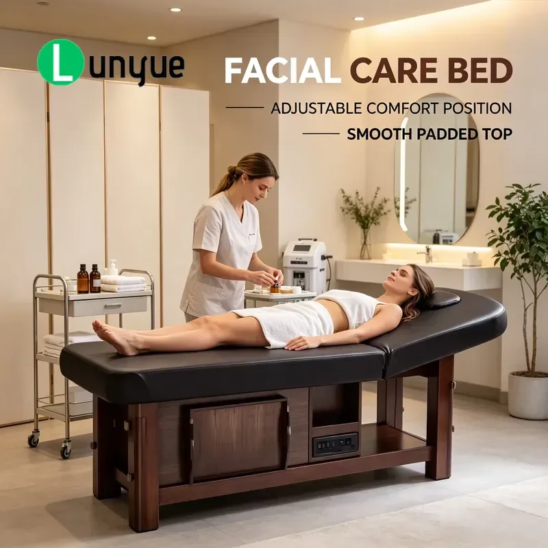 Vintage Solid Wood Facial Massage Bed with Tilting Headrest Storage for Professional Beauty Spa Furniture Durable
