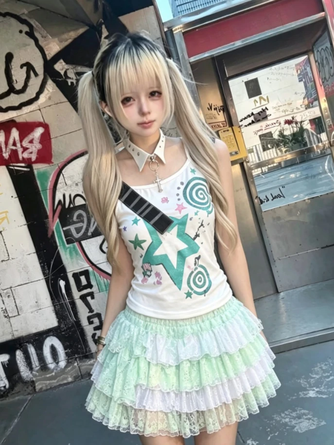 2026 Daily Casual Summer Outfit Women Japanese Sweet Swirl Star Print Cami Sparkle Tier Mini Skirt Vintage Y2k Two Piece Suit