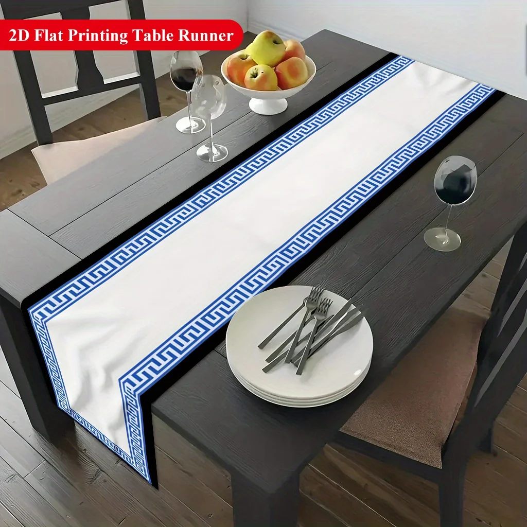 1pc Blue Border And White Base Table Runner Holiday Party Decorative Cloth for Home Kitchen  Office Living Room Coffee Table