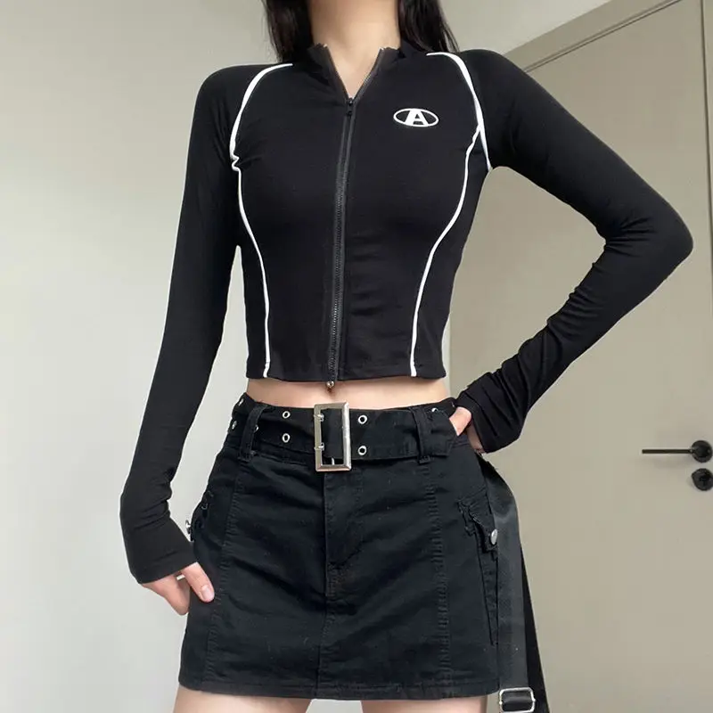 

Y2K Tops Black American Locomotive Wind Webbing Line Zipper Short Coat Women Korean Fashion Waist Long Sleeve T-Shirt Streetwear