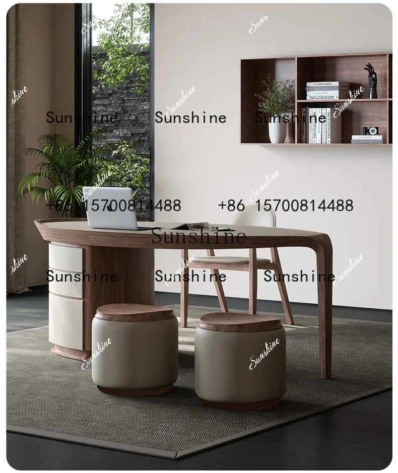 Retro solid wood saddle leather desk, high-end desk Italian study writing desk FT