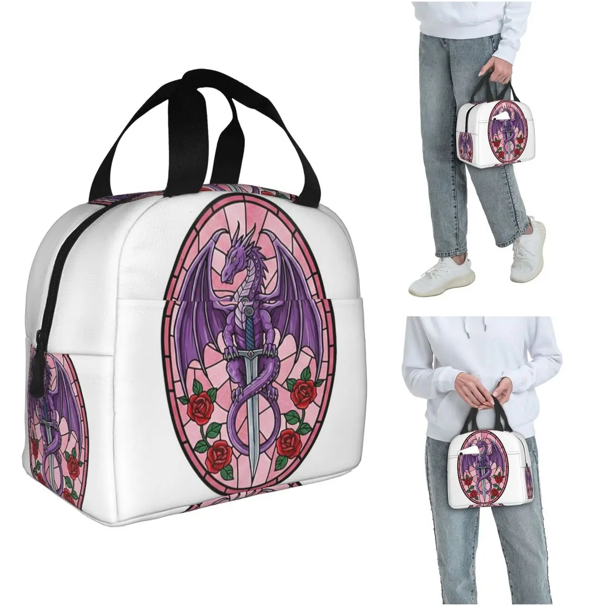 Glass Purple Dragon Pattern Insulated Lunch Bag for Women Children Leakproof Food Boxes Thermal Lunch Box Tote