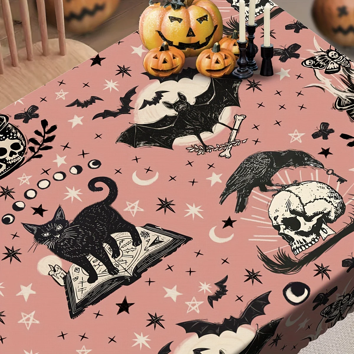 One rectangular circular tablecloth, black cat retro Halloween tablecloth, painted bat and skull design