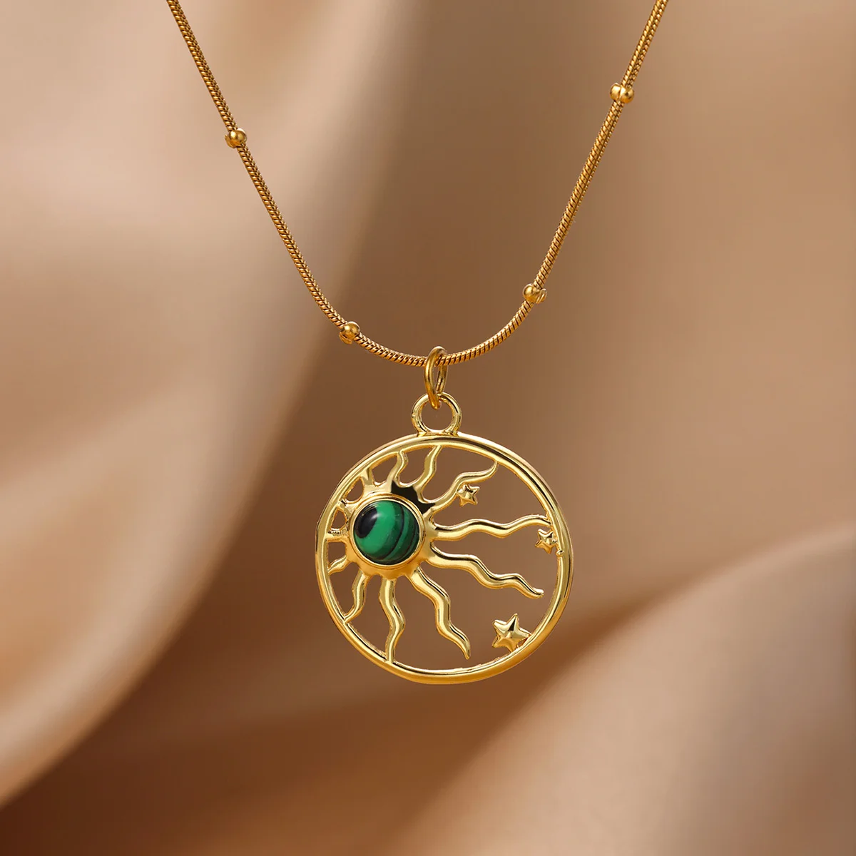 Natürliche Stein-Sonnenanhänger-Halsketten für Frauen, goldfarben, Edelstahl, geometrische Sonnenhalskette, ästhetischer Hochzeitsschmuck, Geschenk.