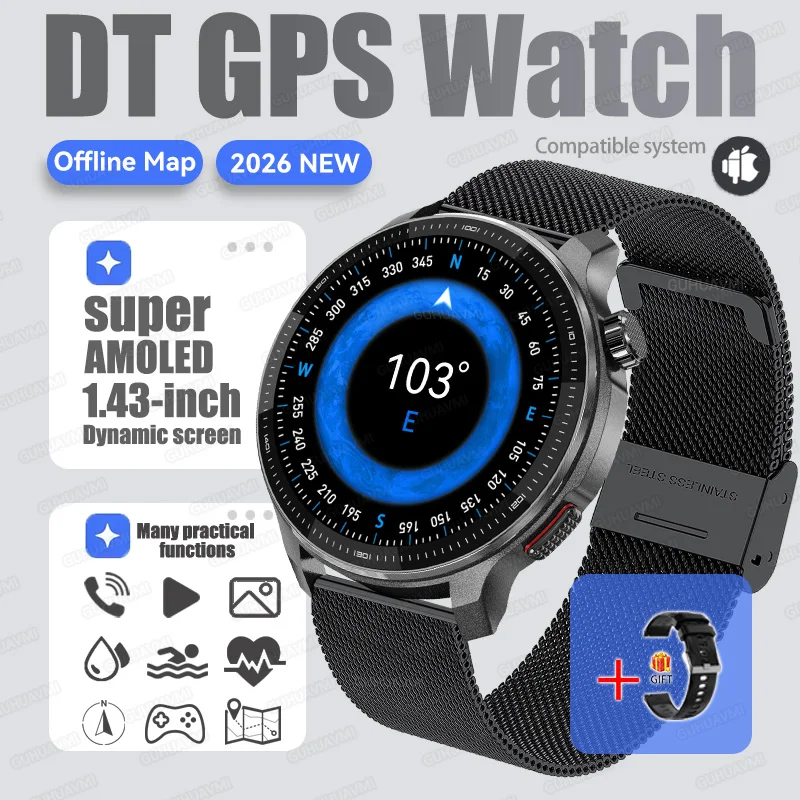 2026Nieuwe Tactische Sport Smartwatch Mannen Ingebouwde GPS Offline Kaart 4GB Geheugen 10ATM/IP69K Waterdicht Zwemmen Militray Smart Bracele