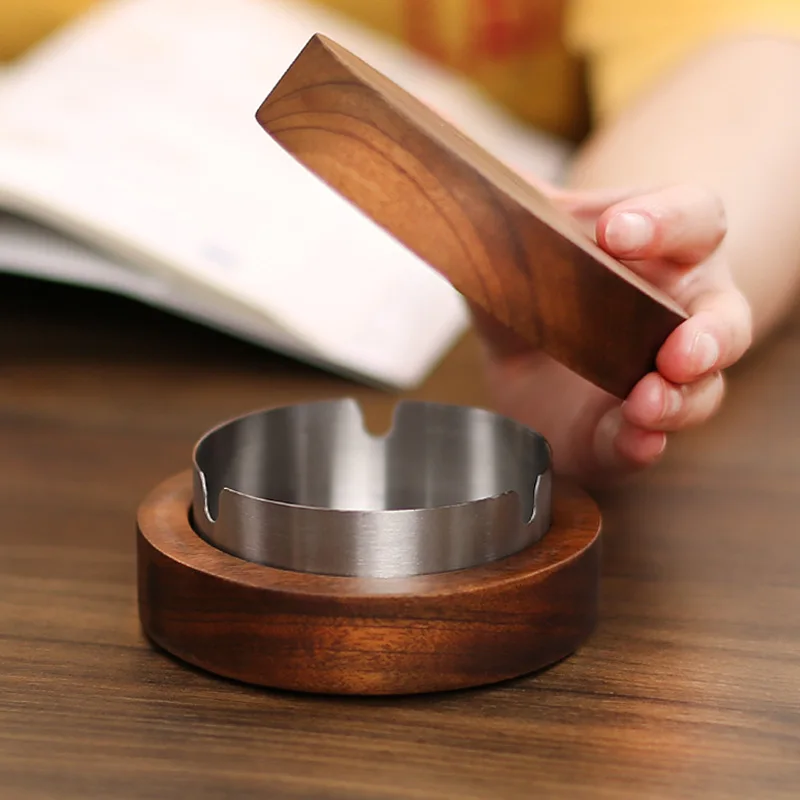 Large Walnut Ashtray with Cover to Prevent Fly Ash, Office and Home, Living Room