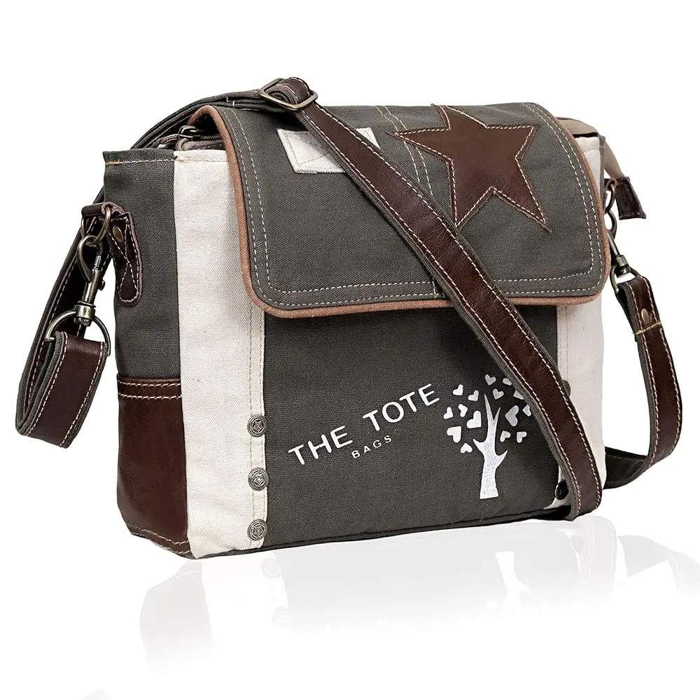 

Vintage Canvas Leather Messenger Bag for Men & Women, Crossbody, Shoulder Bag, Satchel 11" with Star Flap Small Travel Use
