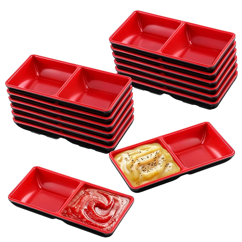 8Pcs Dual Compartment Sauce Bowls & Soy Dish Set with Dipping Dish Tray, Divided Dipping Sauce-Plates for Sushi, Appetizers