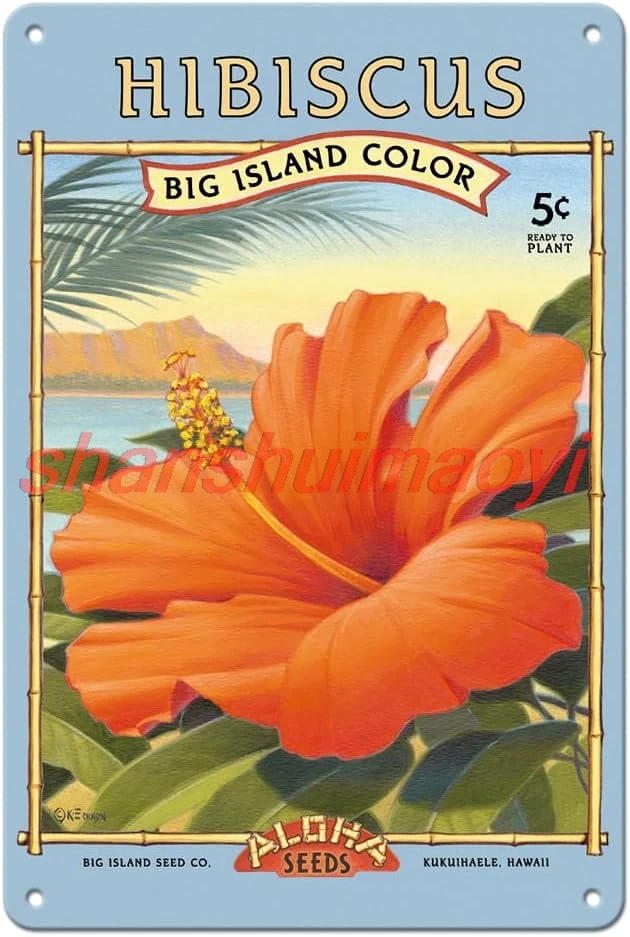 Hibiscus - Aloha Seeds - Big Island Seed Company - Big Island Color - Vintage Seed Packet by Kerne Erickson - 8 x 12 inch V ALL