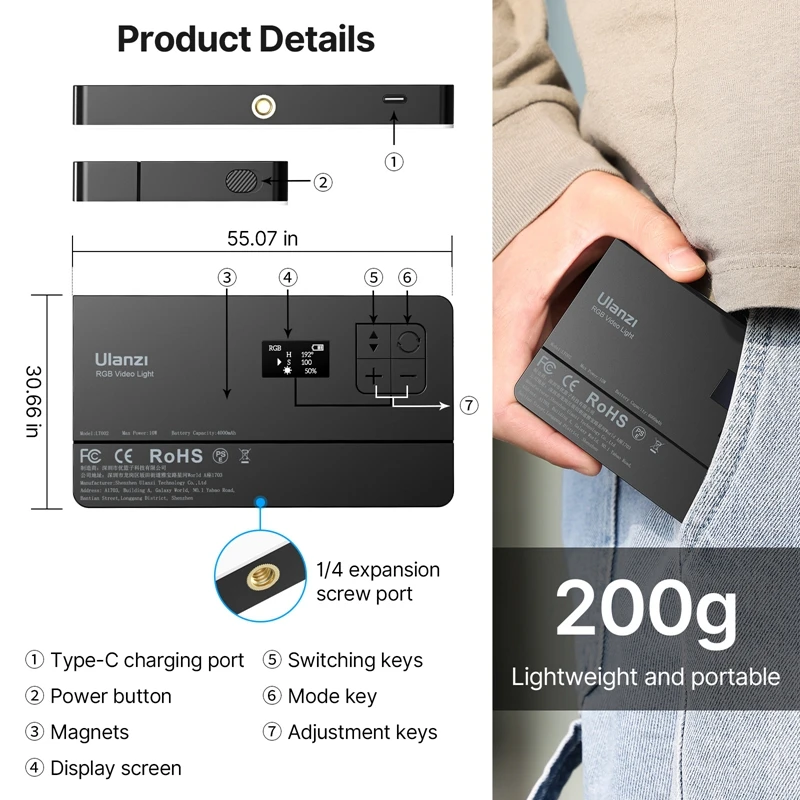 Luz de Vídeo Fotografia LED Ulanzi, Lâmpadas Noturnas RGB para Câmera, Tiro Telefone, Selfie, Preenchimento, Flash, Indoor Photo Studio Kits, LT002