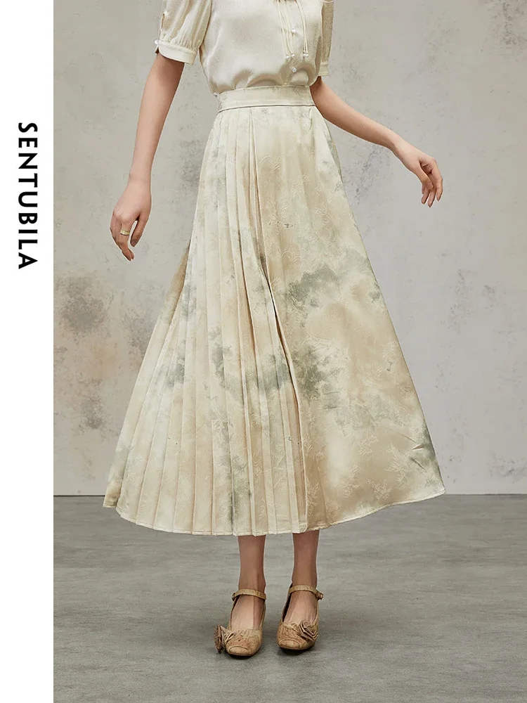 SENTUBILA Jacquard New Chinese Style Horse Faced Skirt 2025 Summer High Waist A-line Side Pleated Skirts Woman Clothes 141Q53040