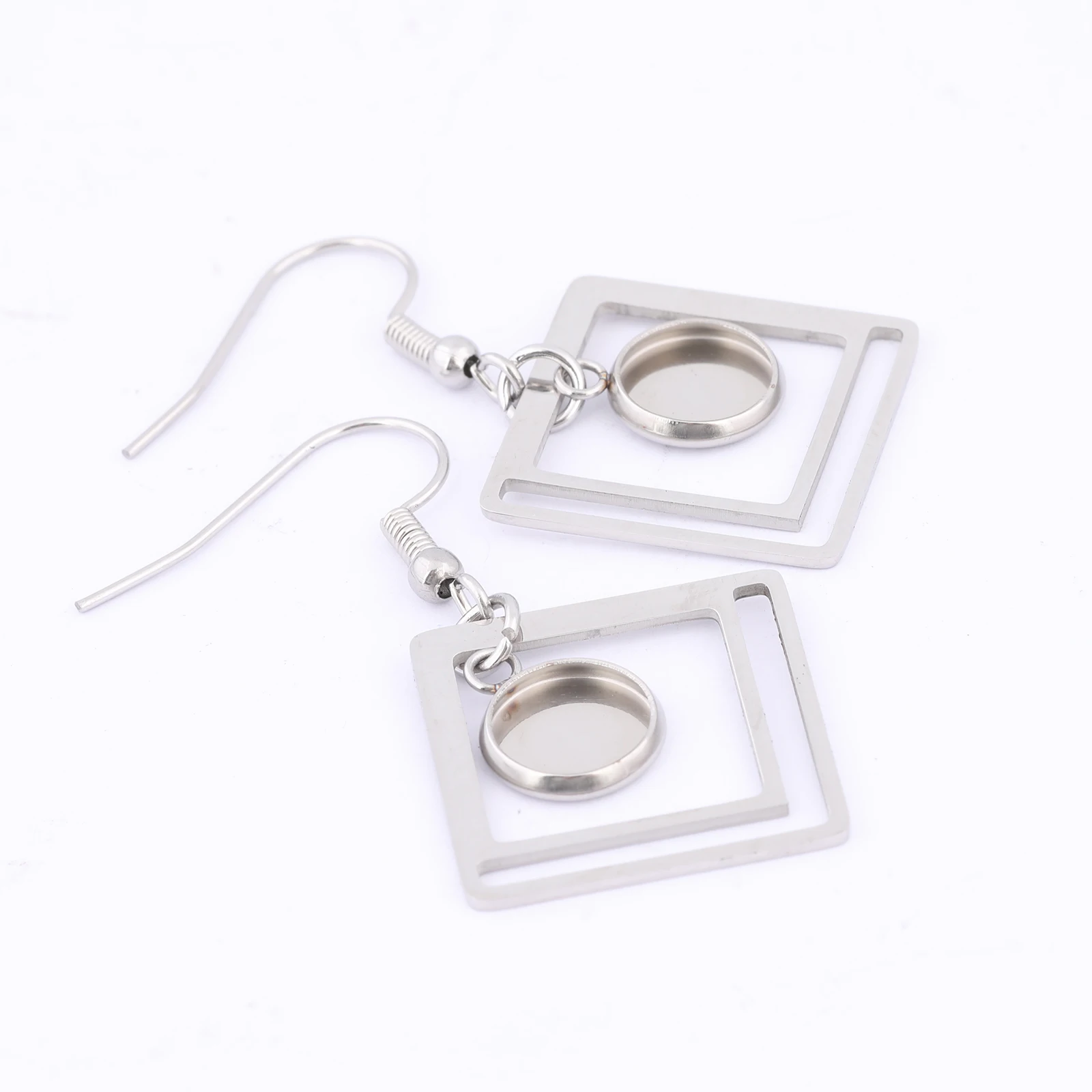 10pcs Stainless Steel Double Square Hoop Earring Base Blanks Fit 10mm Cabochon Earrings Bezel Setting Trays Diy Hooks Findings