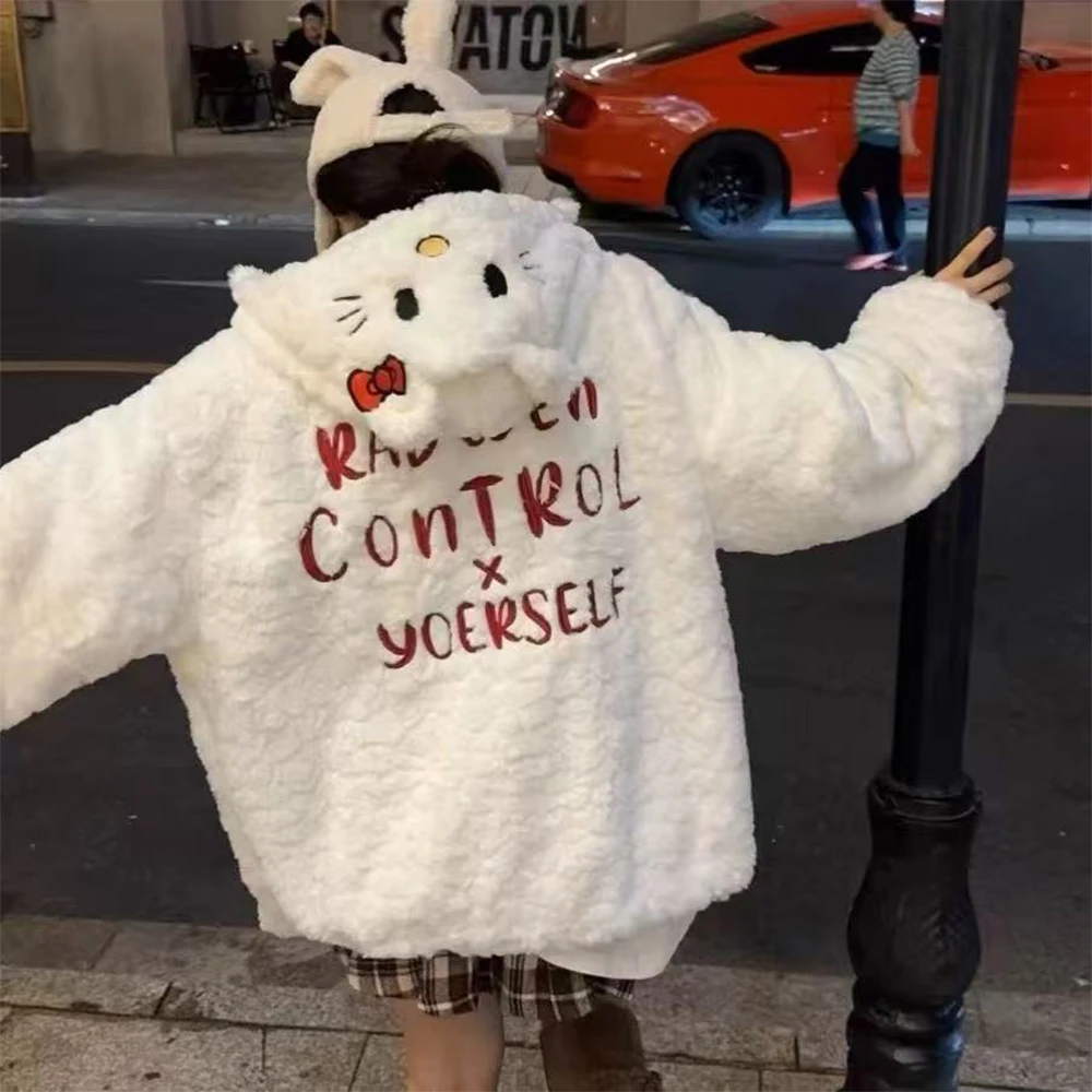 

Lamb Fur Cute Hello Kitty Cotton Jacket Coat for Women Sanrio Winter New Loose Plush Thickened Warm Furry Zipper Jacket Tops
