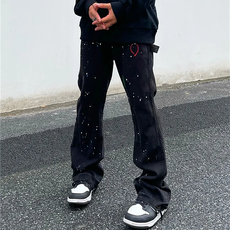 2023 Kanye Graffiti Ink Painted Flared Jeans Cargo Y2K Pants Men Clothing Brown Straight Hip Hop Long Trousers Pantalones Hombre