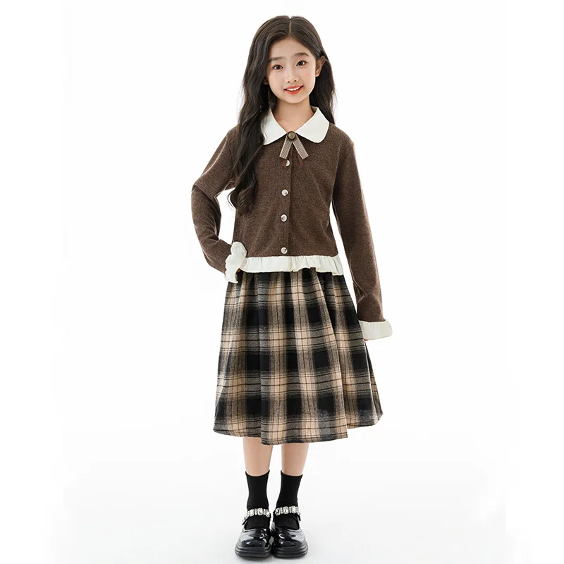 

Korean Autumn Kids Girl 2pcs Suits Kid Girl Patchwork Single-breasted Knitted Top School Girl Plaid Pleated Skirt 4-14Y Girl Set