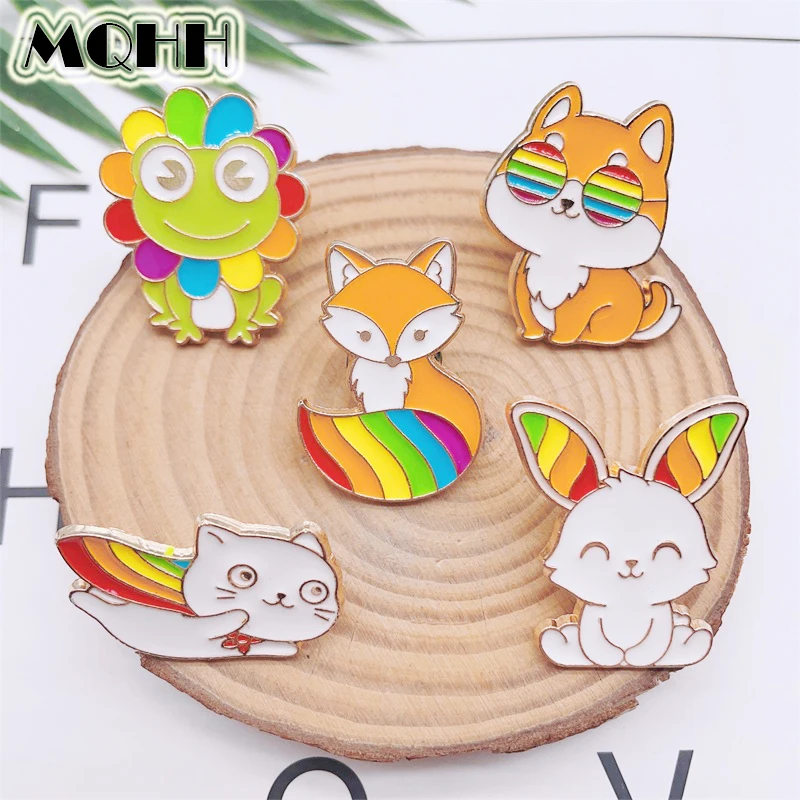 Sweet Rainbow Animal Enamel Pins Colorful Frog Fox Cat Rabbit Cute Cartoon Alloy Brooch Badge Fashion Women Jewelry Gift