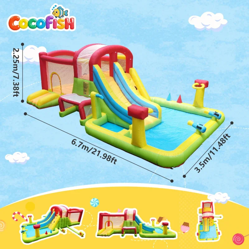 Cocofish Backyard Amusement Park Inflatable Jumping Castle Bounce House with Pool, Slide, Hoop, Water Gun Kid Big Bouncing Combo