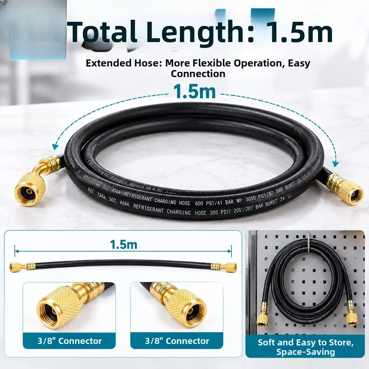 3/8-inch AC 600PSI Refrigeration Charging Hose Guage HVAC Vacuum Hose R22 R404A Tools Tubing Pipe Air Compressor Pneumatic Tools