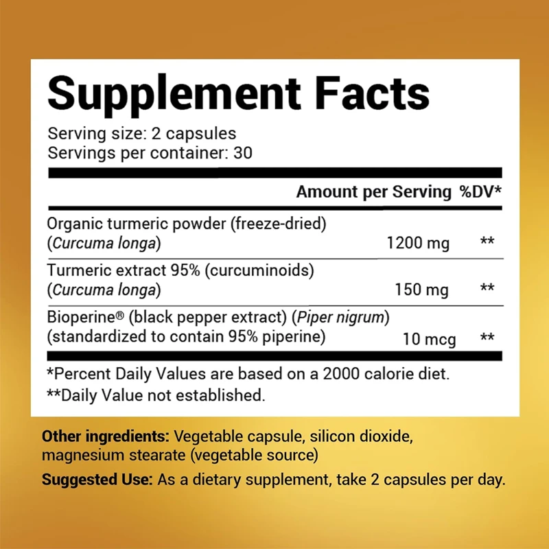 Turmeric supplement with black pepper (BioPerine) -1350mg curcumin supplement, containing 95% curcumin and 60vegetarian capsules