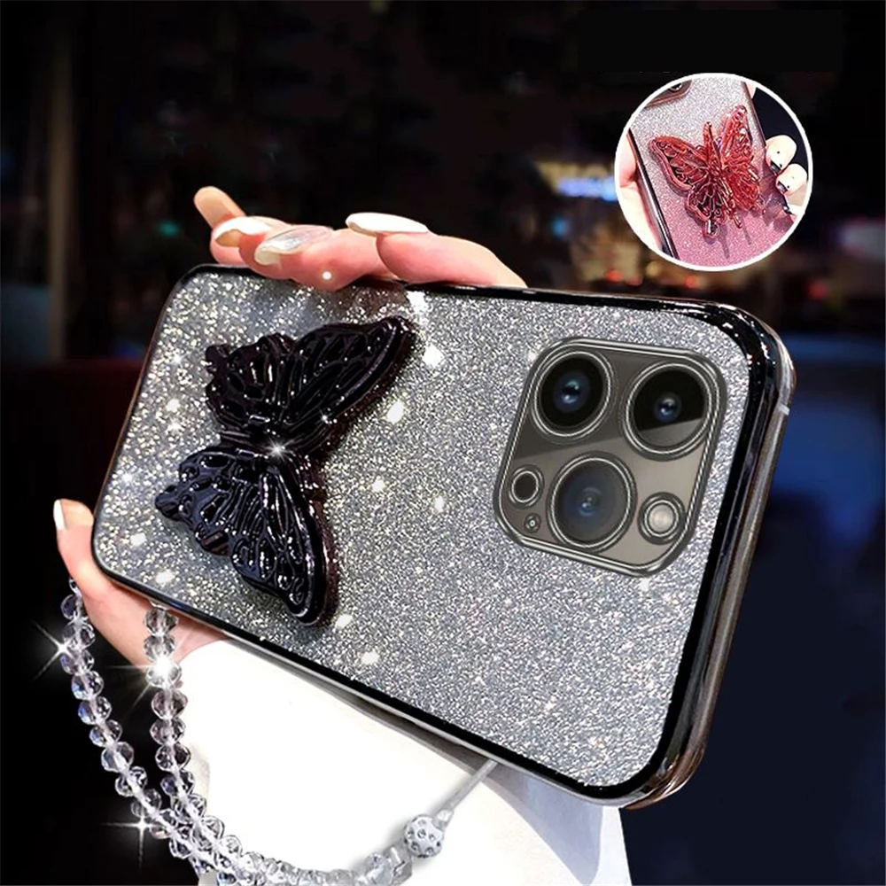 Honor 200 Pro pemegang ponsel kupu-kupu 3D, casing gelang kristal untuk Honor 200 90 100 80 70 60 50 Pro SE Glitter lapisan lembut