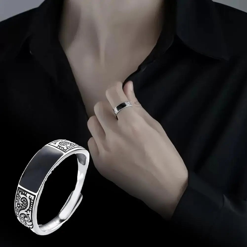 

Vintage 925 Sterling Silver Rings For Men Jewelry Black Rectangle Retro Pattern Creative Fashion Hip Hop Party Jewelry Gift H3W6
