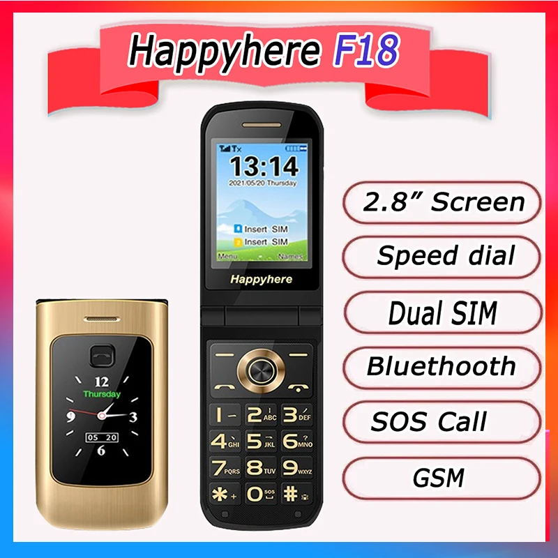 Happyhere-desbloqueado Flip Telemóveis Dual Screen Velocidade Dial Celular Sos Mp3 Tocha fm Botão Teclado Telefone Celular Barato F18
