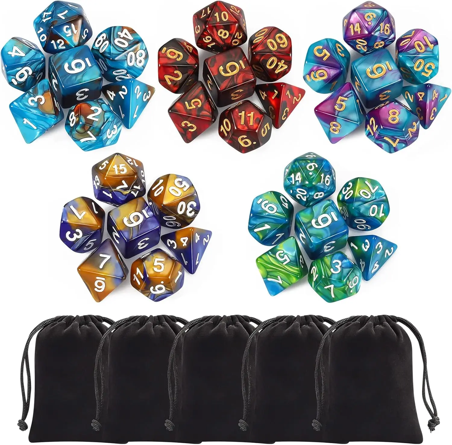 

35-Piece Polyhedral Dice Set for DND RPG Table Games, Double-Color Acrylic with Golden Numbers