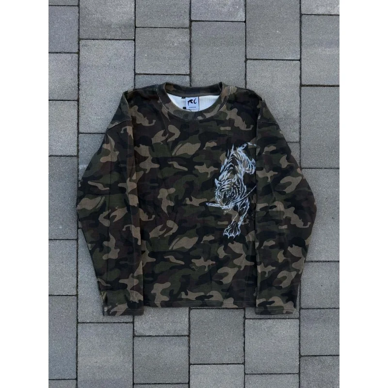 European and American Cross Border Y2K Streetwear Unisex Waffle Knit Long Sleeve T Shirt Camo Vintage Tiger Print Loose Versatil