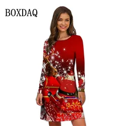 Eleganckie modne damskie sukienki zimowa świąteczna sukienka z nadrukiem O-Neck Oversized Casual z długim rękawem Santa Claus Mini sukienka na imprezę