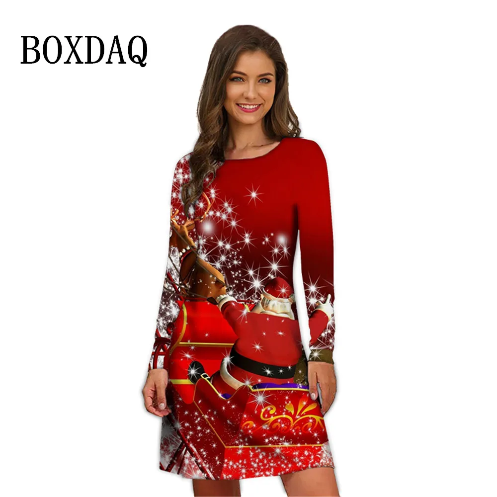 Elegant Fashion Women Dresses Winter Christmas Printed Dress O-Neck Oversized Casual Long Sleeve Santa Claus Party Mini Dress