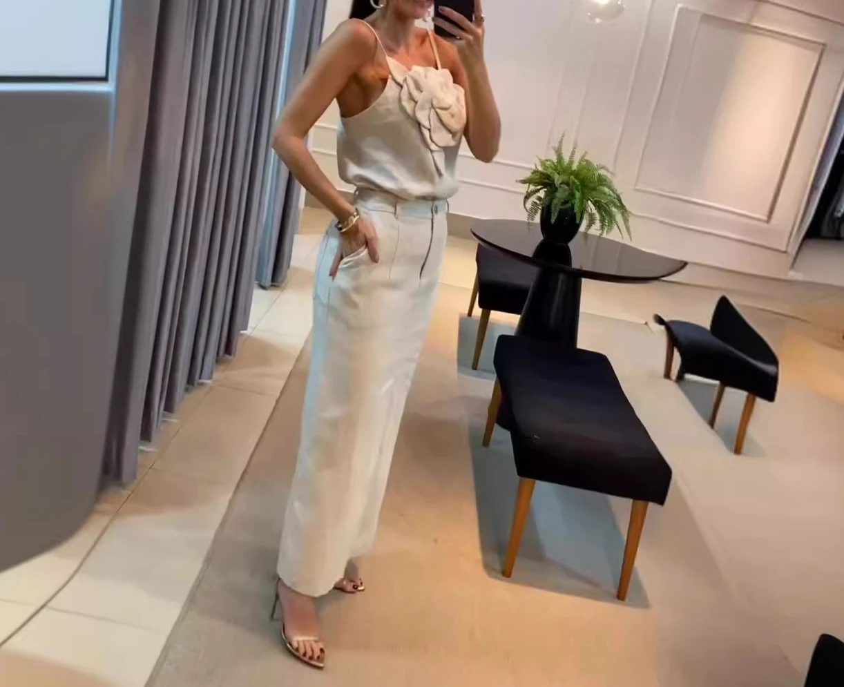 Women Two Piece Skirt Sets Solid Suspenders Sleeveless Spliced Elegant Split Long Skirts A Line High Waist Summer 2024