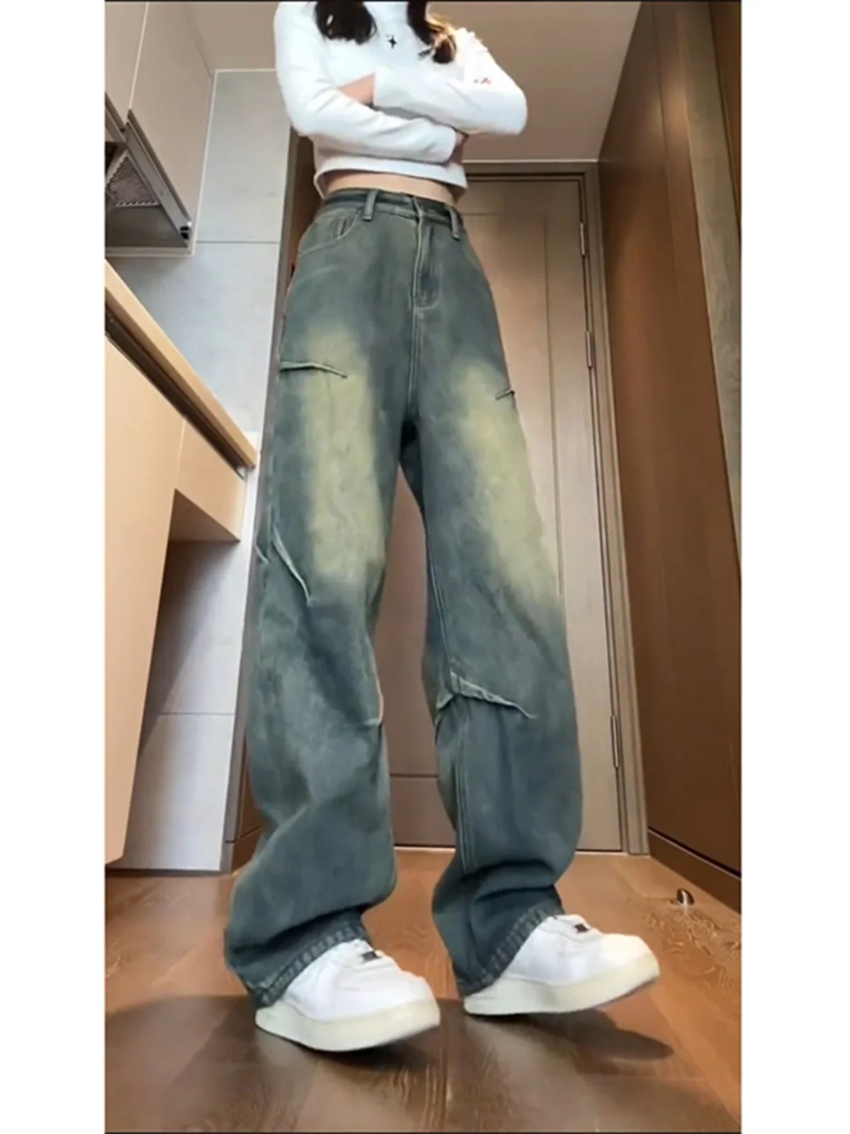 

Мужские джинсы в стиле ретро, синие, из денима, осенне-зимние, прямые, широкие, в стиле High Street, с плиссировкой