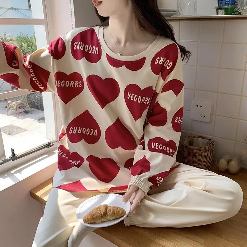 

New Women Long Sleeved Spring Autumn Internet Celebrity Fashion Comfort Sweet Cute Pajamas Sleepwear Home Clothes Two-Piece Set