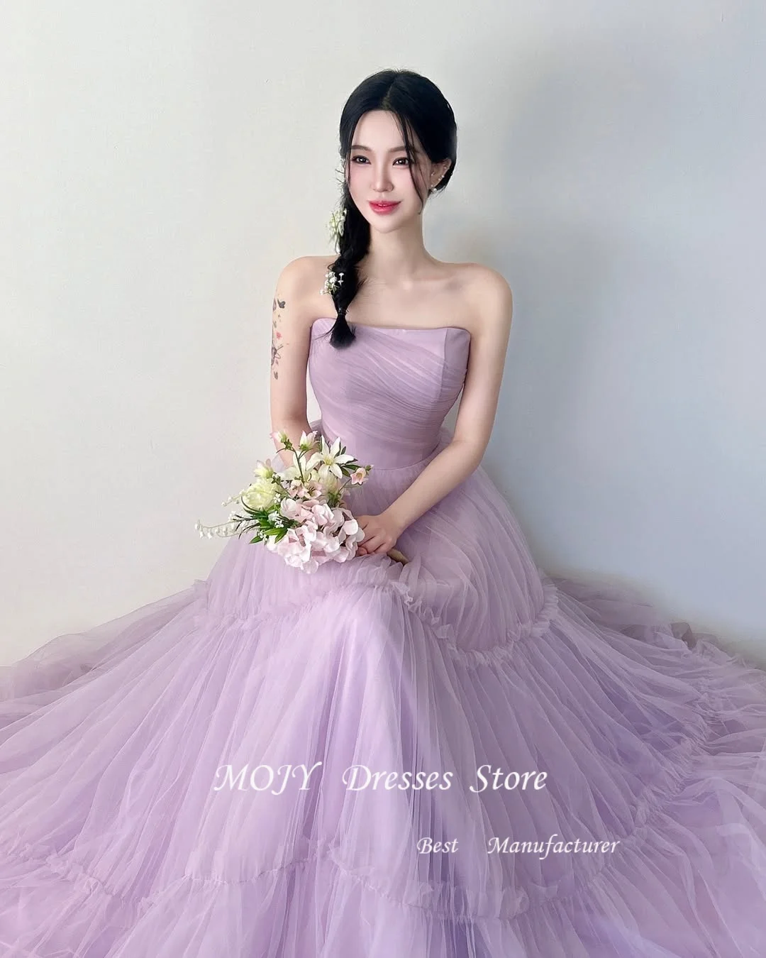 Mojy eleganti abiti da ballo viola senza spalline sexy sul retro lungo tulle increspato personalizzato abito da sposa coreano servizio fotografico