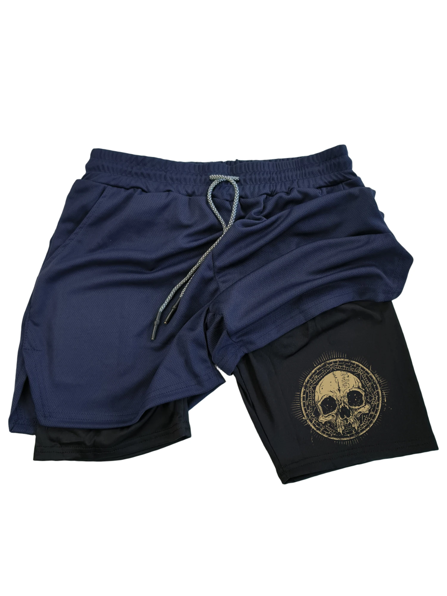 

Men's double-layer sports shorts with skull print soft, sweat absorbing breathable elastic waistband and drawstring men's shorts