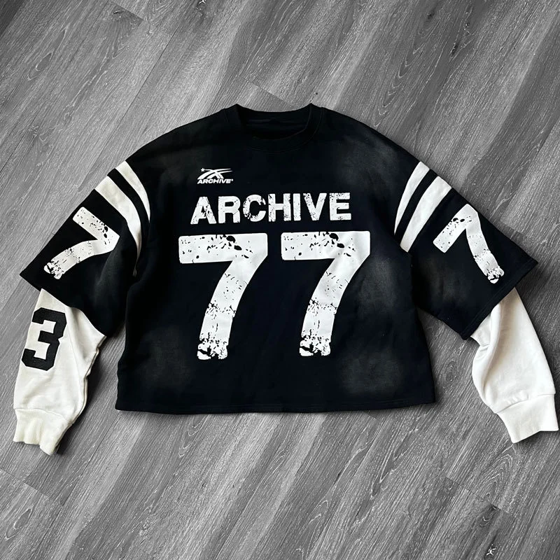 Men American Style Vintage Versatile Gothic Pullover 2024 New Harajuku Y2k Hip Hop Letter Print Breathable Patchwork Sweatshirt