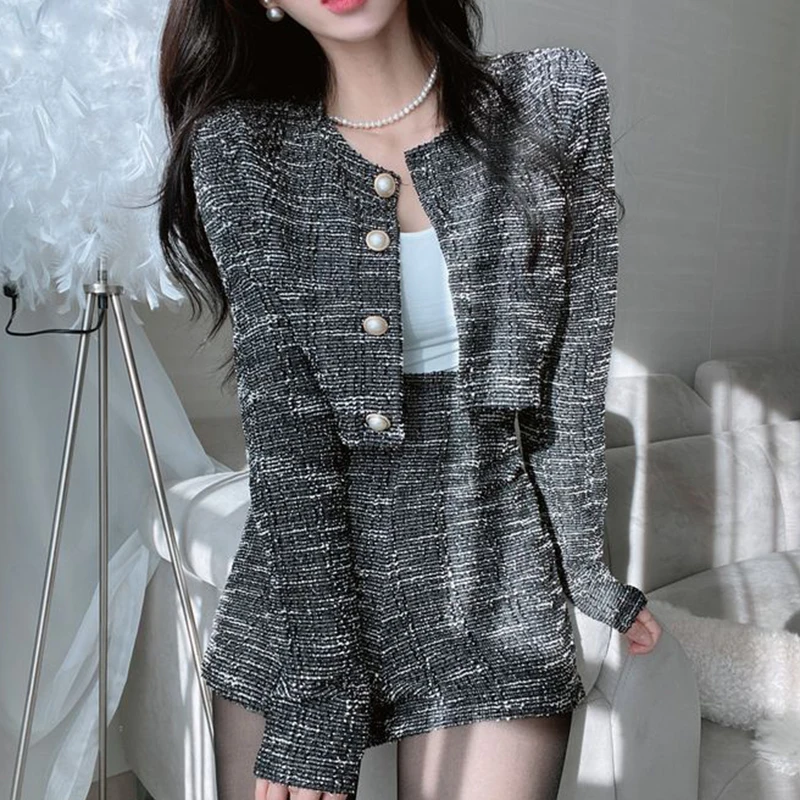 Chic perle boutonné rond Ne ort Jaet taille haute jambe large ort pantalon ensemble pour les femmes Faionable automne coton costume