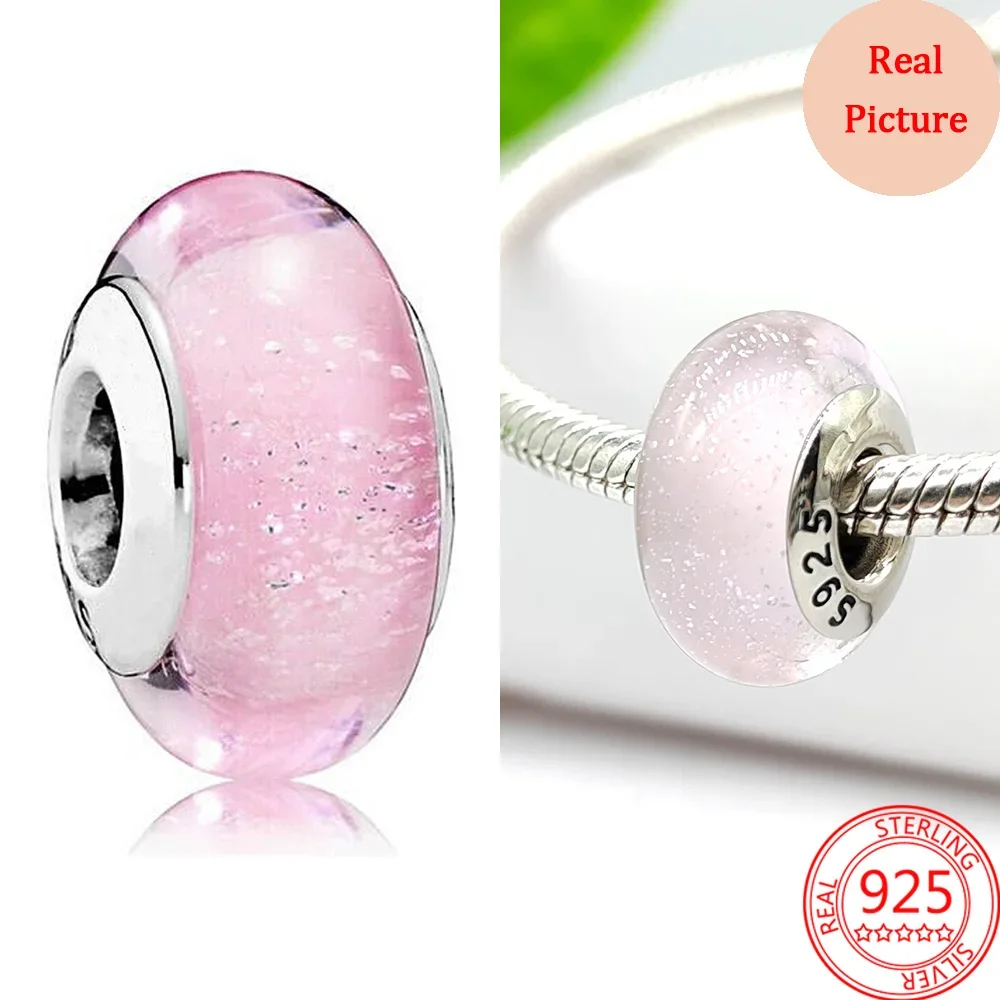 S925 Elegant Clear Glass Beads Floral Print Texture Clover Pink White Blue Purple Black Bubble Red Transparent DIY Bracelet