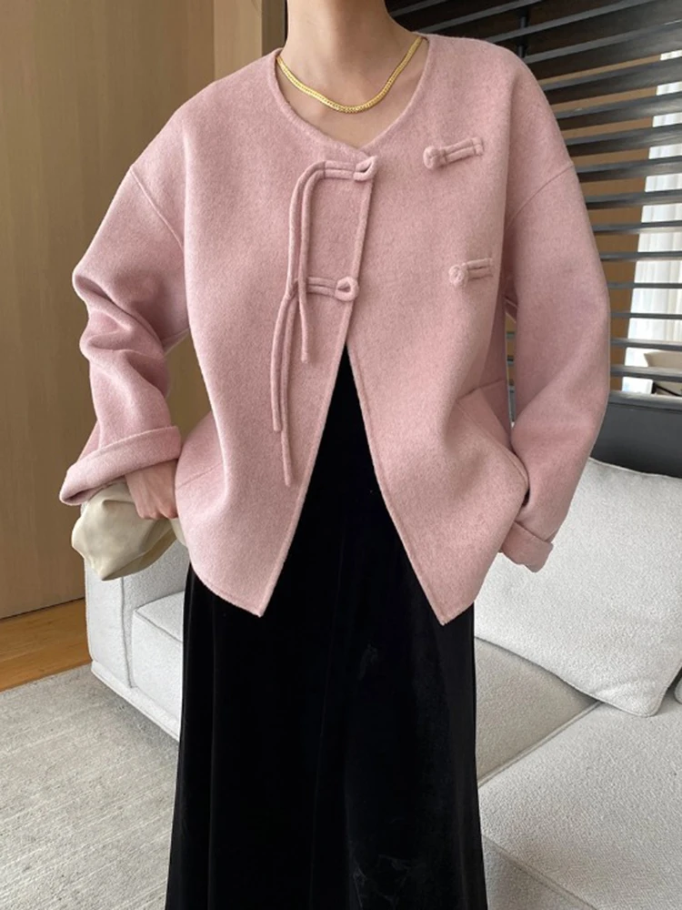 [LANMREM] Office Lady Wool Coat For Women Round Neck Single Breasted Long Sleeve Warm Female Jackets 2024 Autumn New 26C187