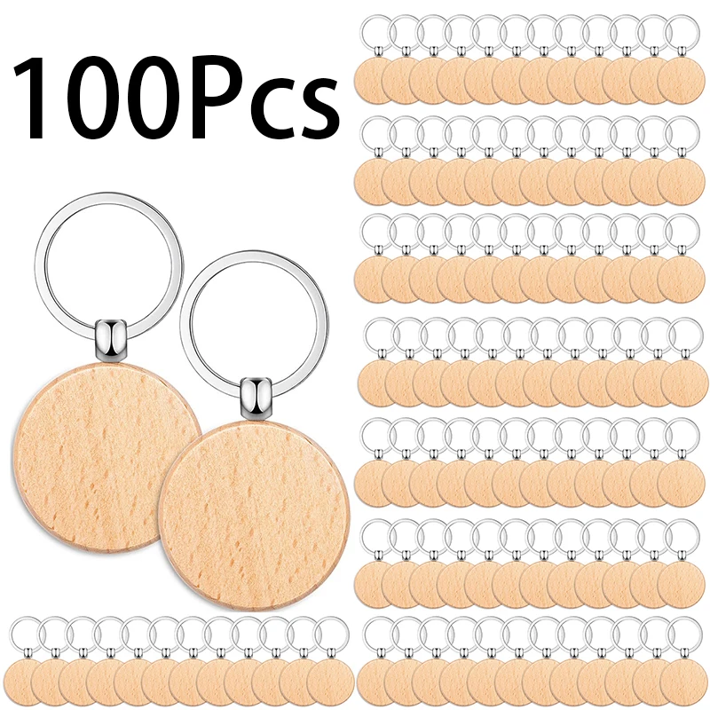 

100Pcs Round Wooden Key Ring Portable Beech Keychain